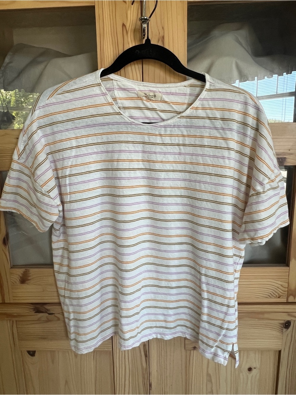 Madewell White Striped Short Sleeve Tee with Pink & Gold Stripes